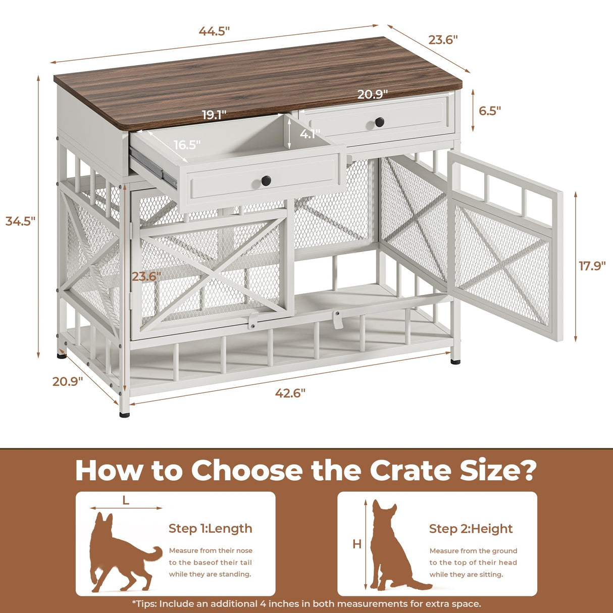 44" Large Dog Crate Furniture with Storage Drawers