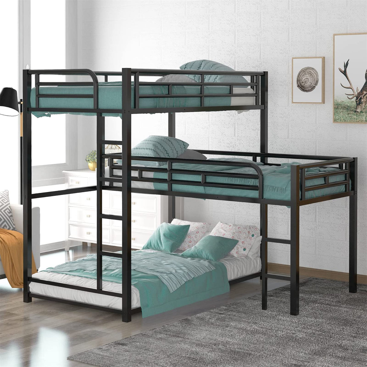 Heavy-Duty Triple Bunk Beds, L-Shaped Metal Bunk Bed
