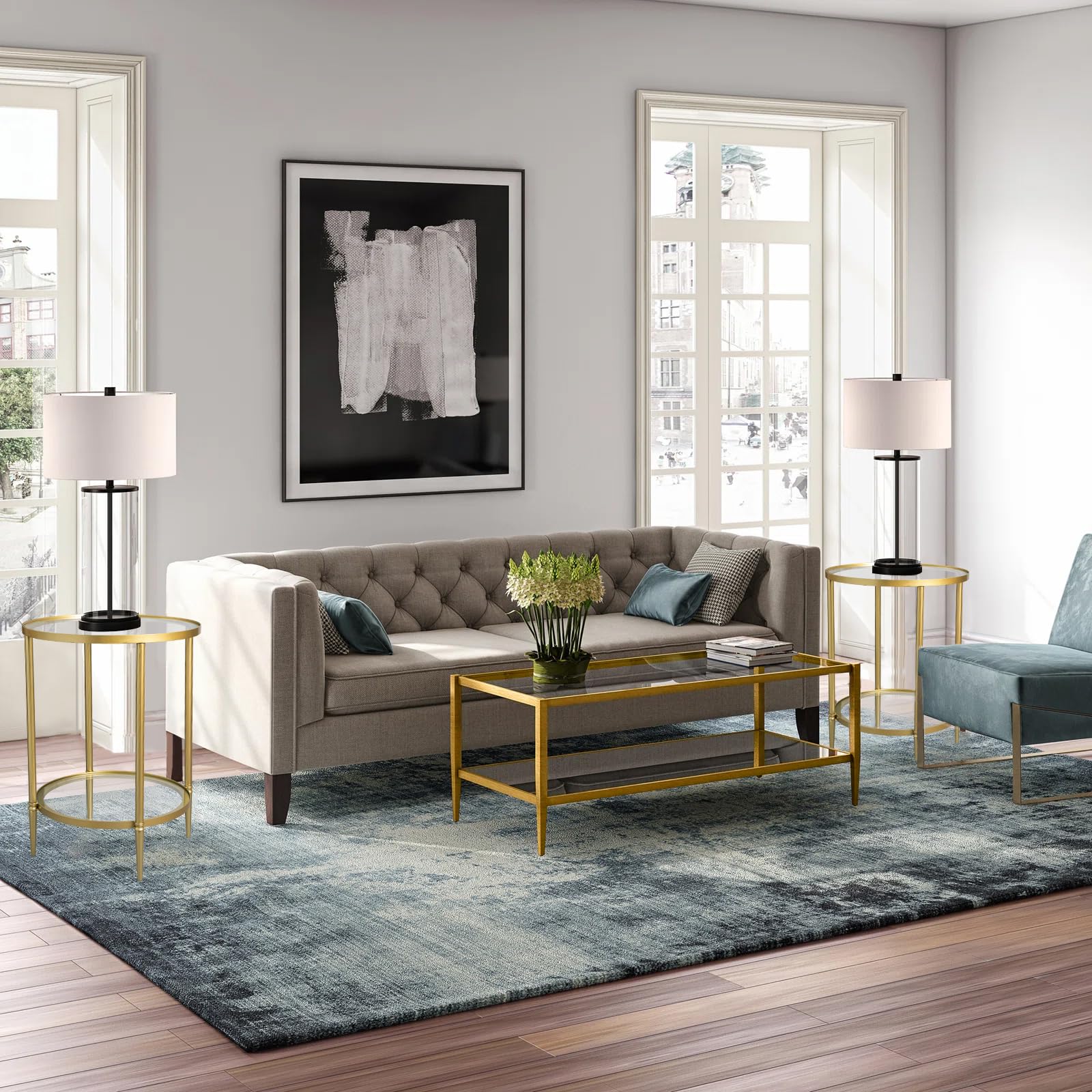 2 Tier Round Side Table, Gold End Table with Glass Top, Modern Metal Clear Coffee Table