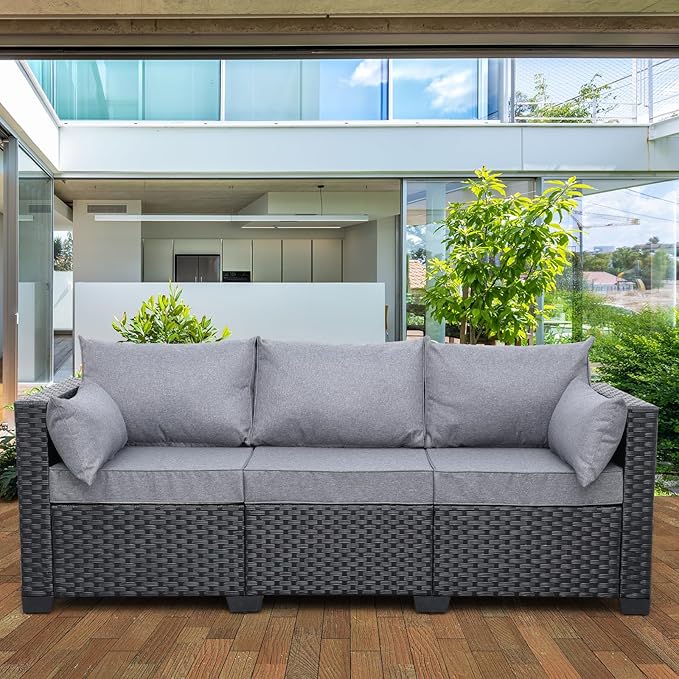 3-Seat Outdoor Rattan Sofa Patio Couch Black PE Wicker Loveseat Seating Furniture