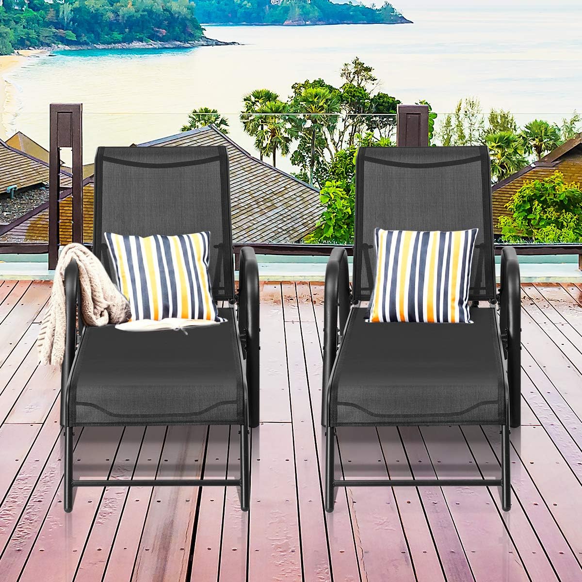 Patio Lounge Chaise, (Set of 2) Adjustable Folding Reclining Lounge Chairs, 5-Position