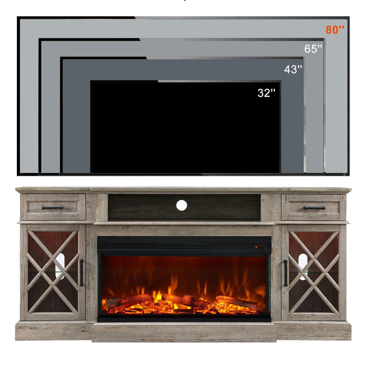 3-Sided Glass Farmhouse Fireplace TV Stand for TVs up to 80'', Highboy Entertainment