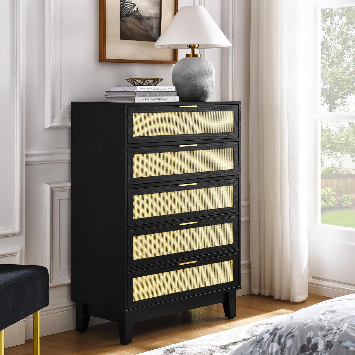 5 Drawers Dresser for Bedroom, 50'' Tall Rattan Dresser, Boho Chest of Drawers with Gold