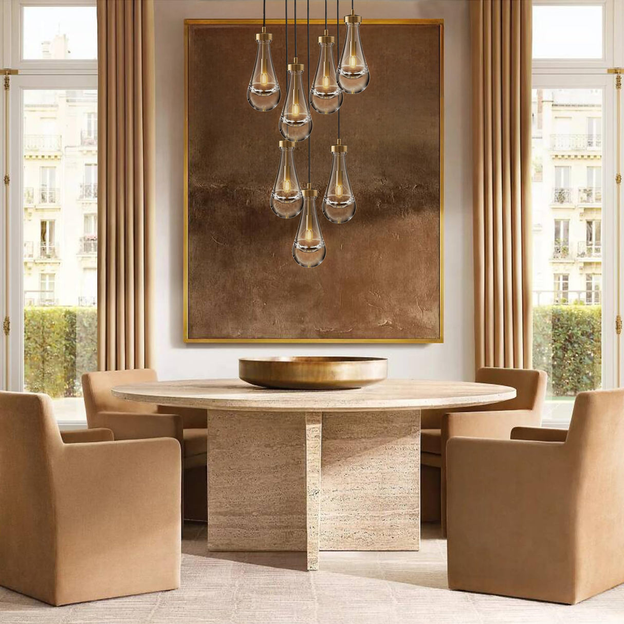 YUEXPAND H100'' High Ceiling Chandelier for Entryway,Modern Raindrop Chandeliers for Living Room,Brass 7 Light Adjustable Rope Teardrop Pendant Lights Kitchen Island for Hallway/Staircase