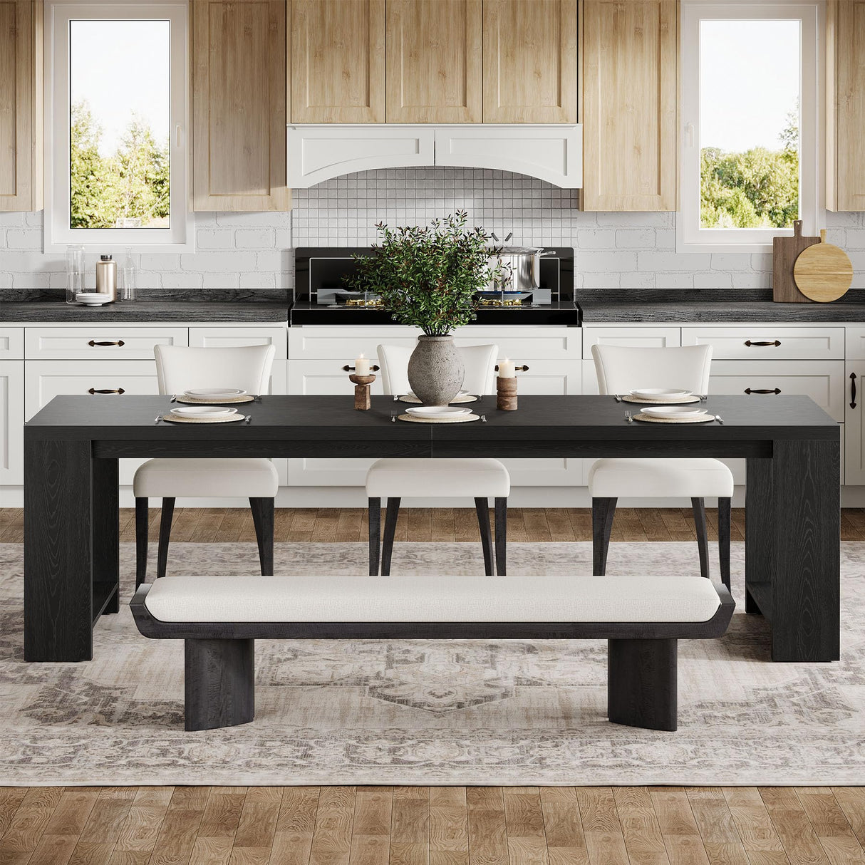 86.61-Inch Dining Table for 6-8 People - Modern Farmhouse Rectangular Kitchen Table with Pedestal Base