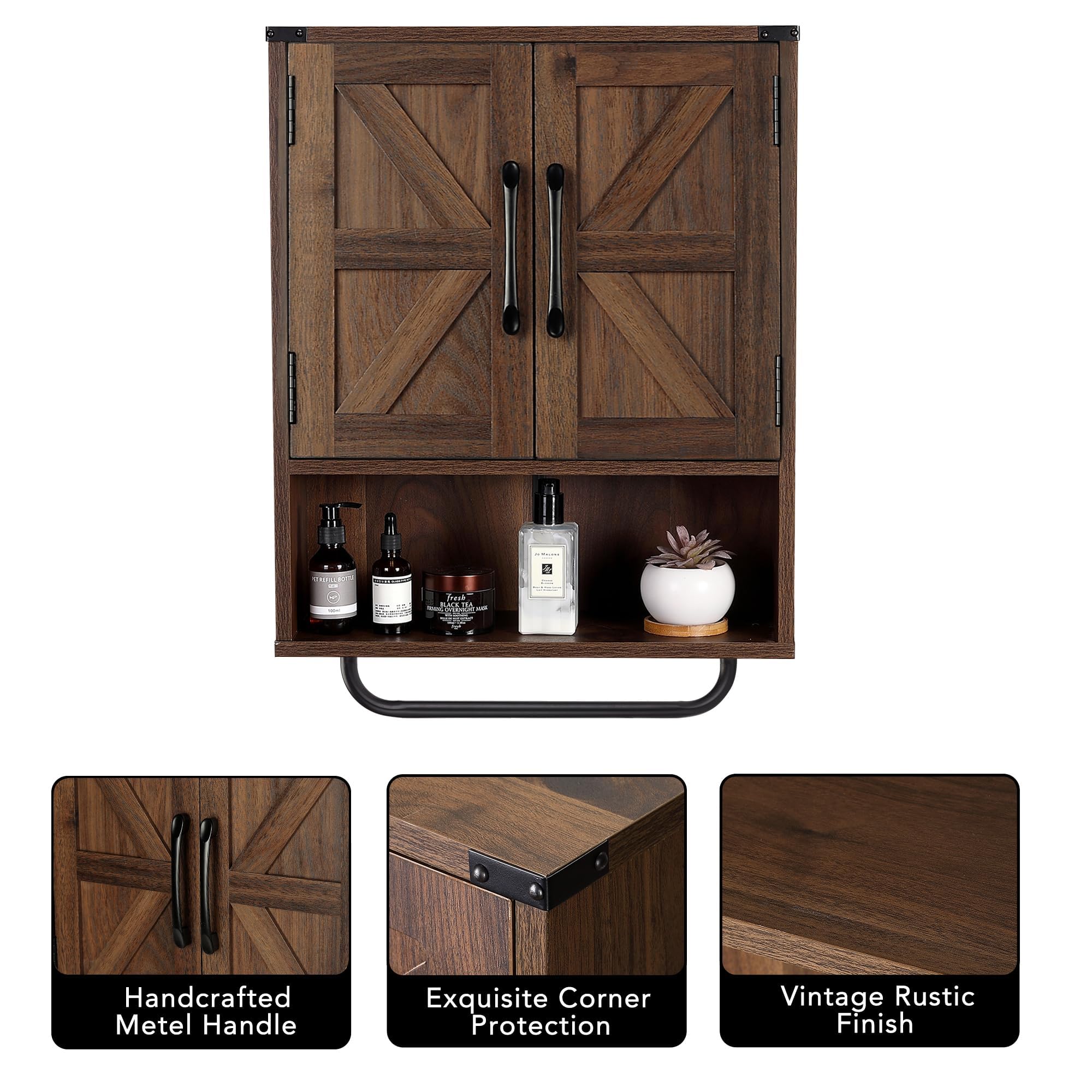 Wall Storage Cabinet with Two Barn Door, Rustic Mounted Medicine Cabinet with