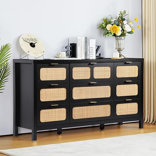 6 Drawer Dresser for Bedroom, Rattan Dresser Drawer Organizer with