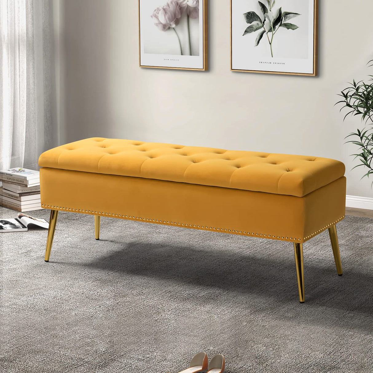 Modern Velvet Storage Ottoman Bench with Gold Base & Nailhead Trim, Upholg Room Dining Room