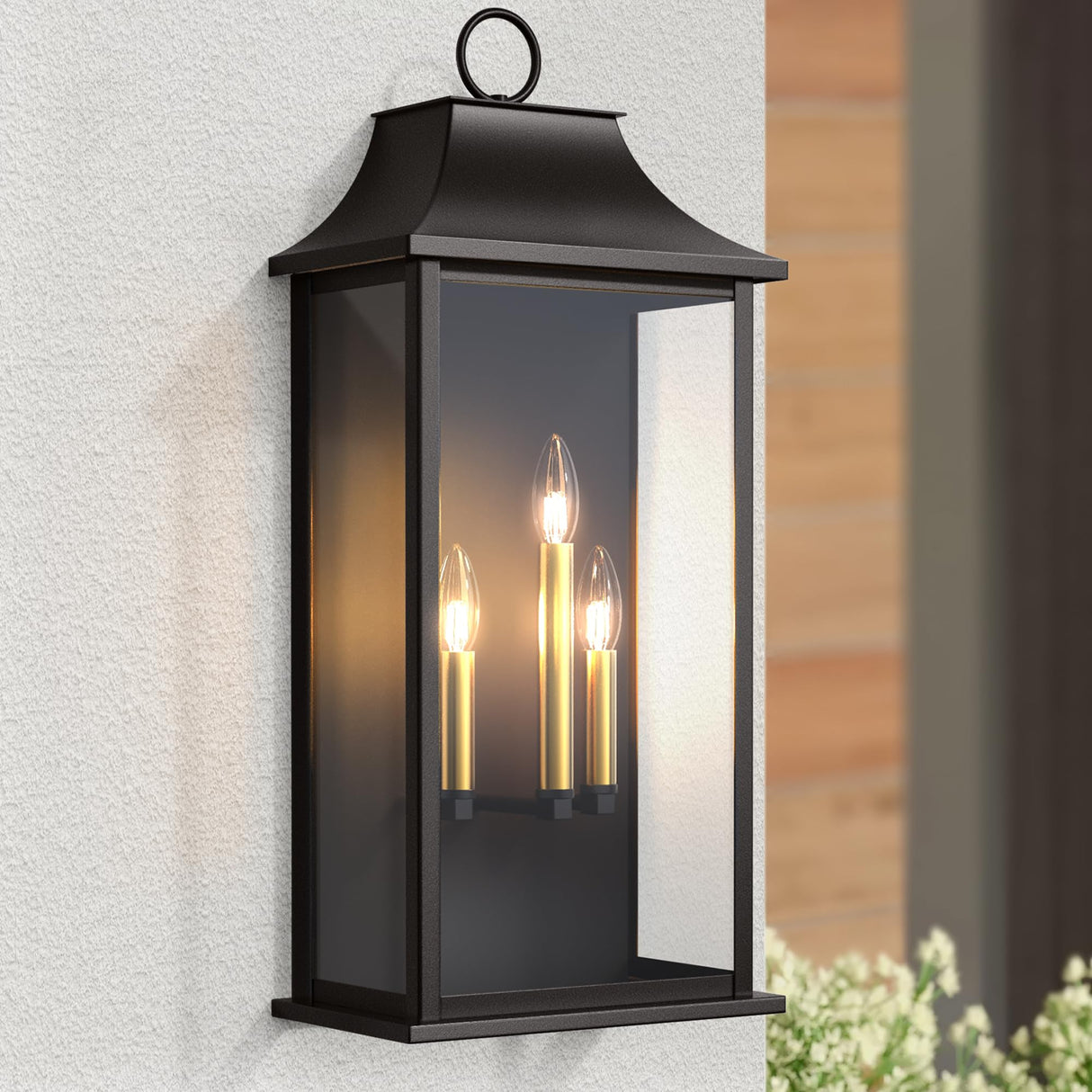 Dusk to Dawn Outdoor Wall Light 3-Light, 25" Large Outdoor Light Fixture, Black Exterior Wall Lantern