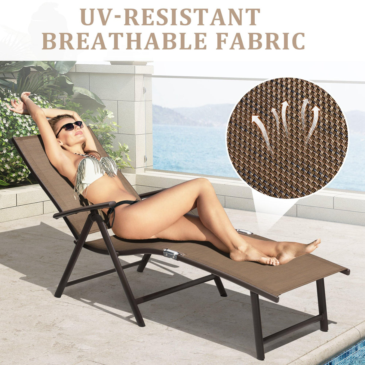 3PCS Outdoor Chaise Lounge & Table Set, Textiline Folding Chaise with Side Table,