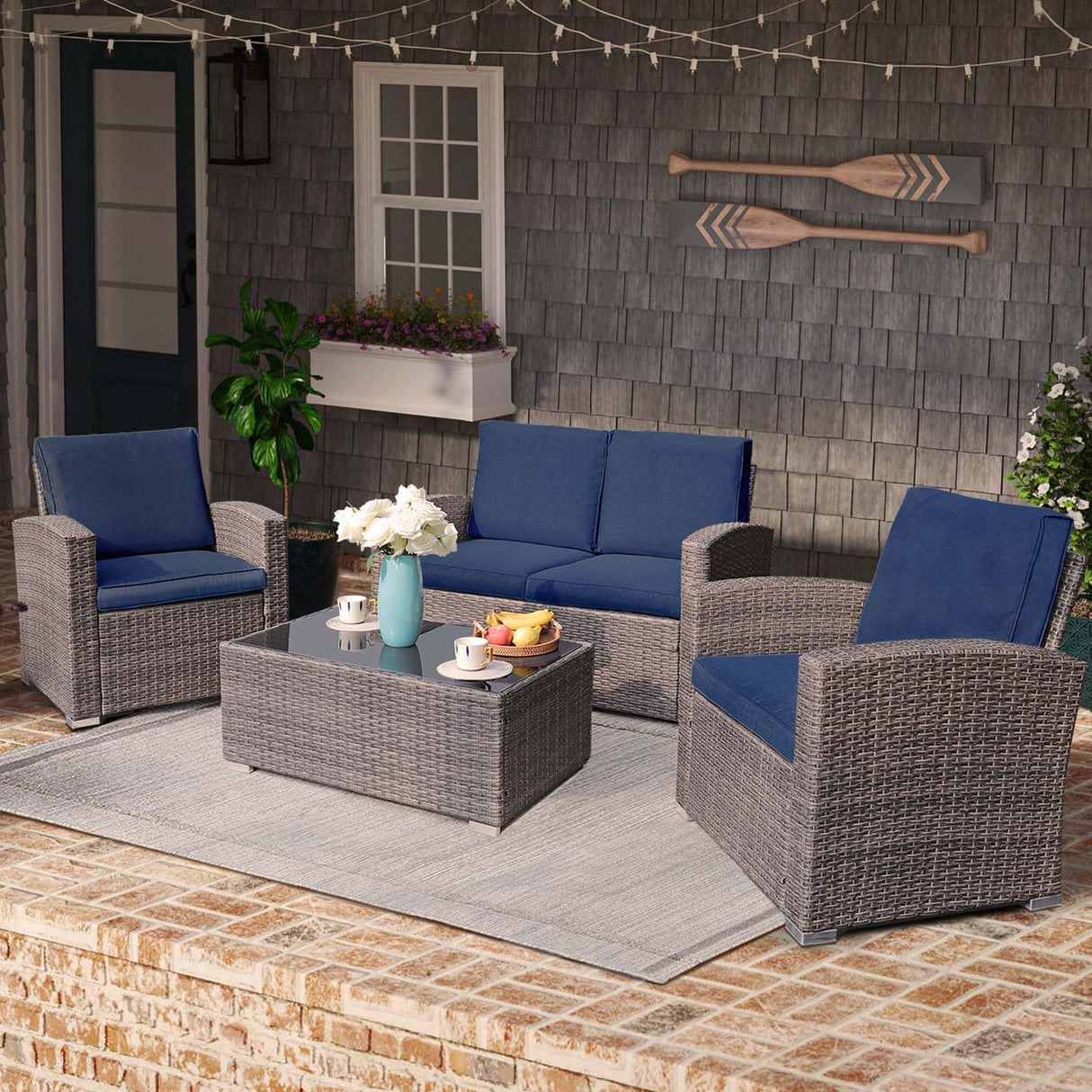 4 Piece Outdoor Patio Furniture Set, All-Weather Wicker Patio Conversation Set