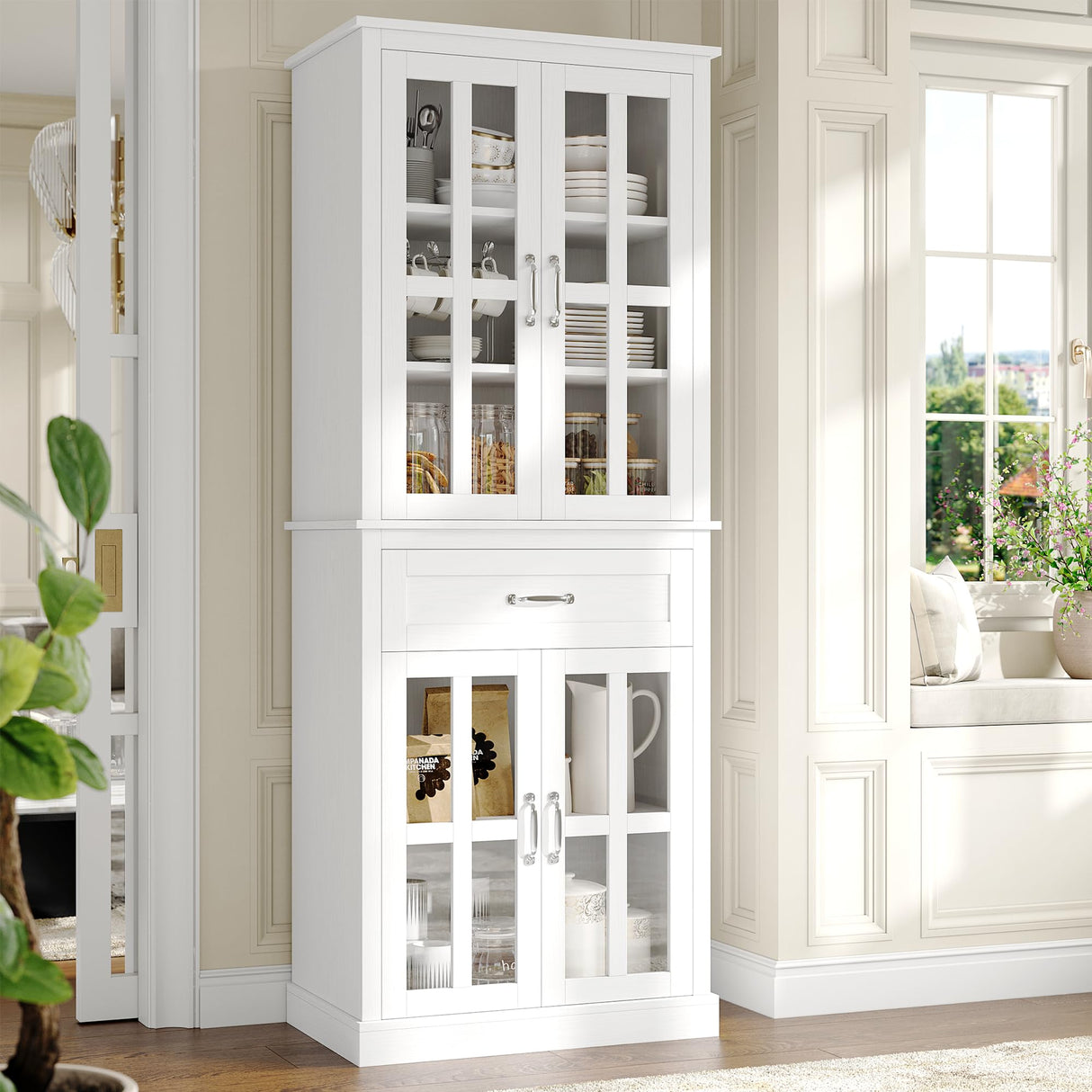 71'' Kitchen Pantry Cabinet, Tall Kitchen Cabinet Pantry Cabinet with Glass Doors
