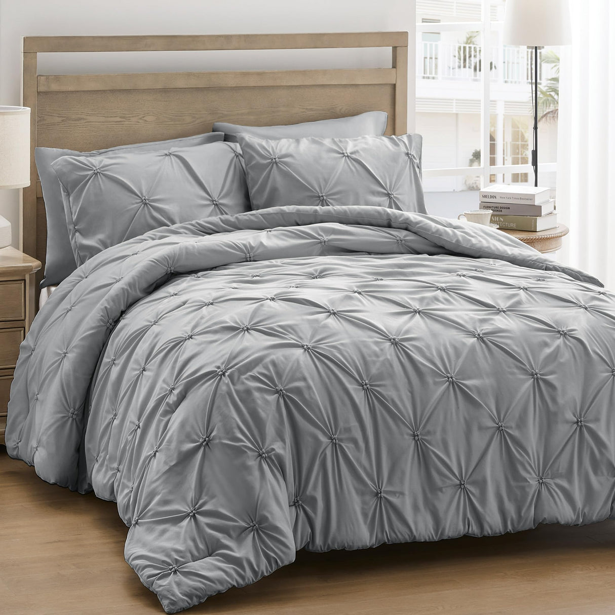 King Size Comforter Set Gray - Soft Fluffy Pintuck Down Alternative Bedding Set