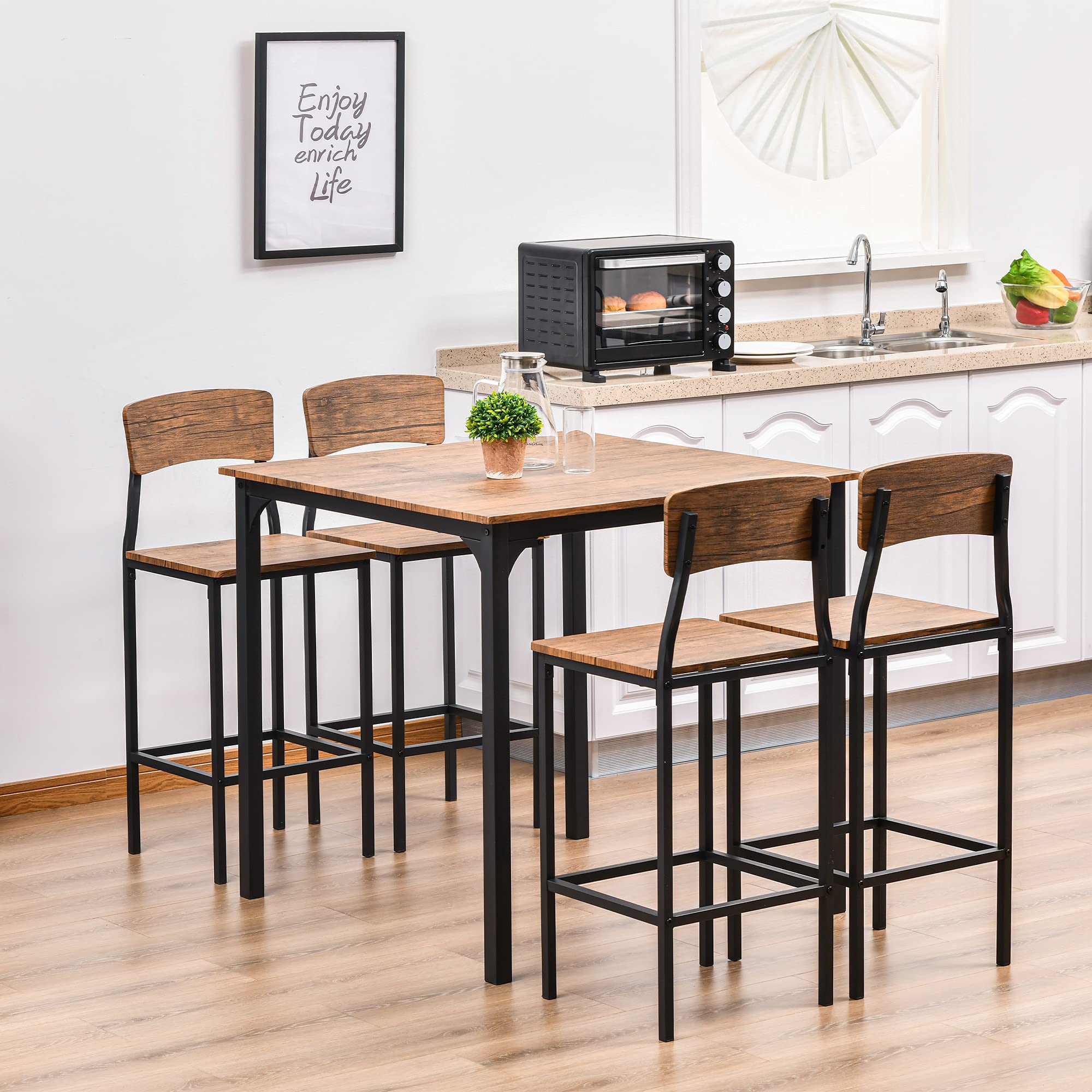 Counter Height Bar Table Set for 4, Square Kitchen Table and Chairs Set with Footrest