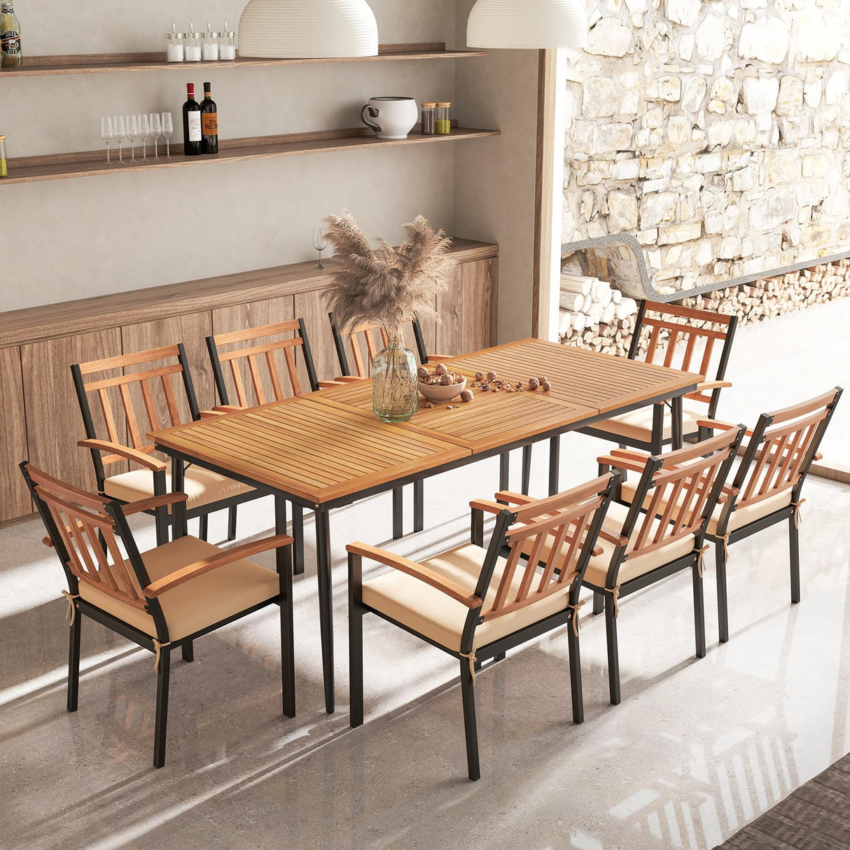 Outdoor Dining Table for 6-8 People, Rectangular Eating Table with 2 inch Umbrella Hole