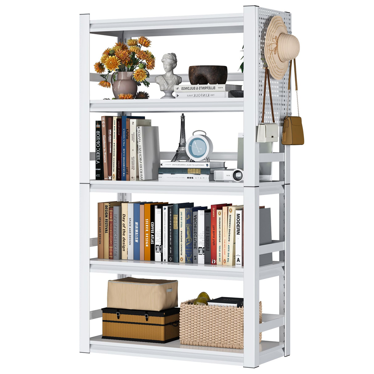 RpAosd Bookshelf,5-Tier Adjustable Book Shelf with Bookends,White Metal Bookcase for Home Office Living Room,Bookshelf with Pegboard Storage