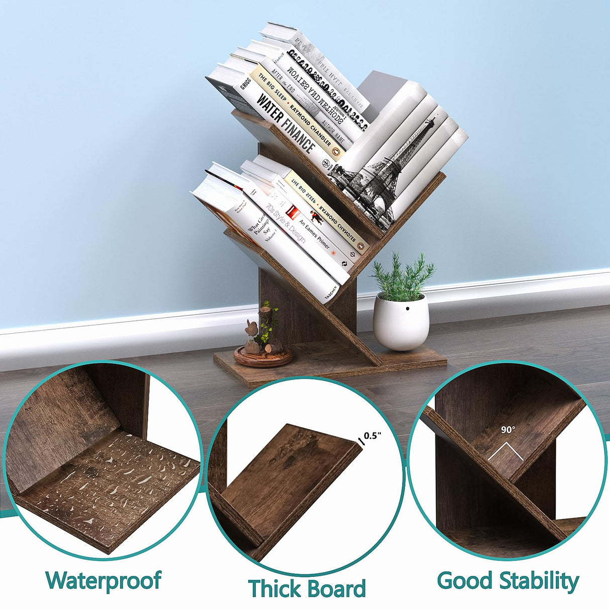 R RUISHENG 3 Tier Small Tree Bookshelf Desk Book Organizer Narrow Bookcases for Books Magazines CDs Free Standing Retro Wooden Storage Shelves for Home Office Bedroom Living Room Rustic Brown