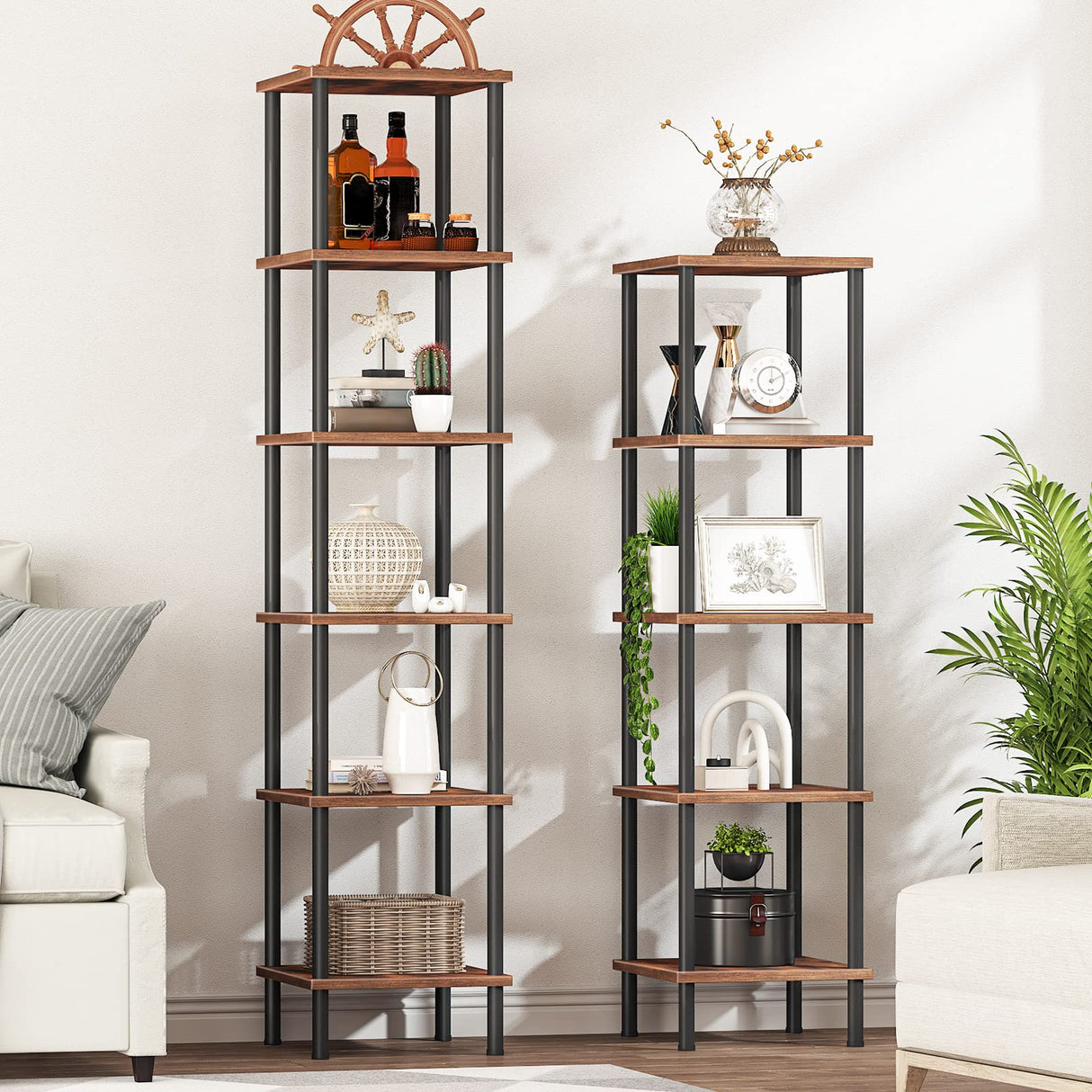 6-Tier Corner Shelf, Corner Square Rack Display Shelf, Tall Storage Rack Plant Stand, Corner Bookcase for Small Spaces, Living Room, Home Office, Kitchen, Rustic Brown and Black BF55CJ01