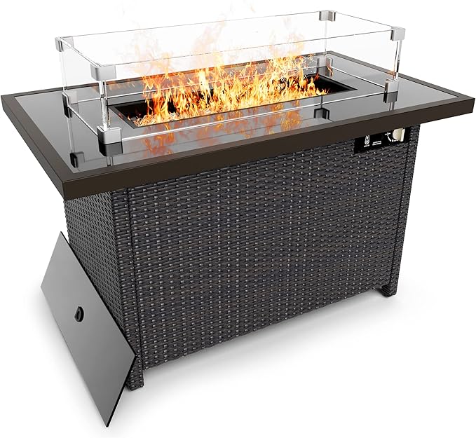 Fire Pits, PAMAPIC 50,000 BTU Auto-Ignition Outdoor Fire Pit Table with Glass Wind Guard