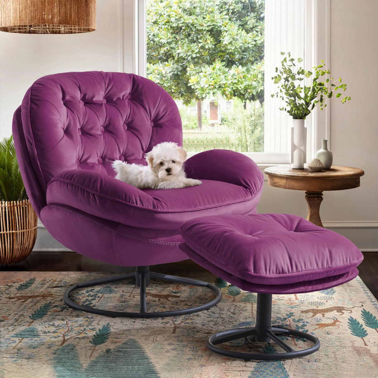 Accent Chair with Ottoman,Velvet Reading Chairs for Adults, Modern Upholstered Living Room Chairs,Oversized Comfy Chair for Bedroom,Lounge Chair,Purple