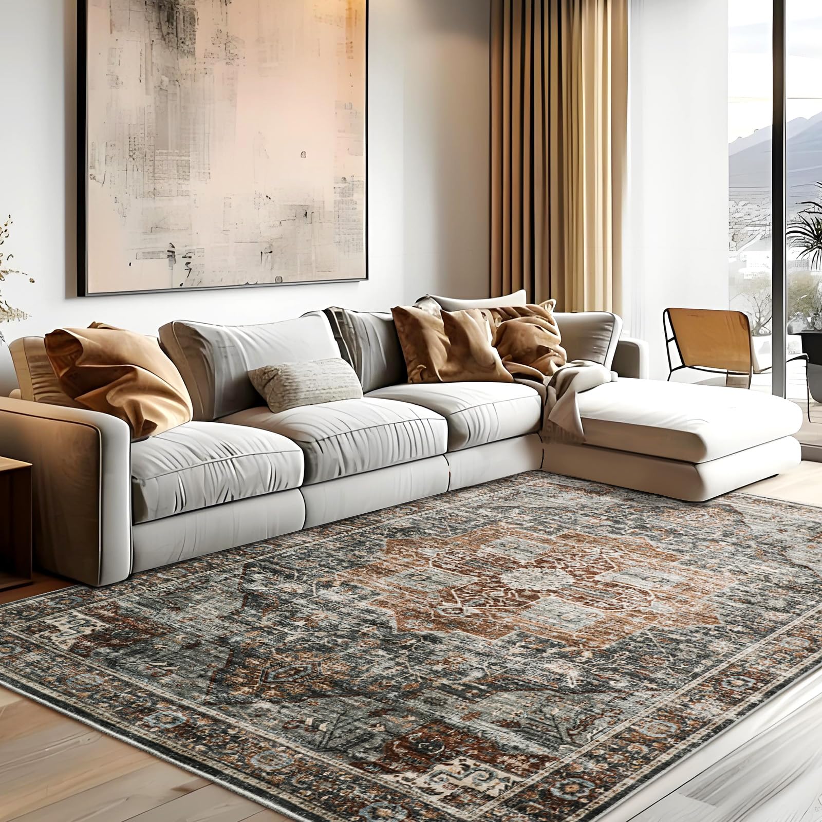 8x10 Area Rugs for Living Room, Vintage Washable Rug with Non-Slip Backing