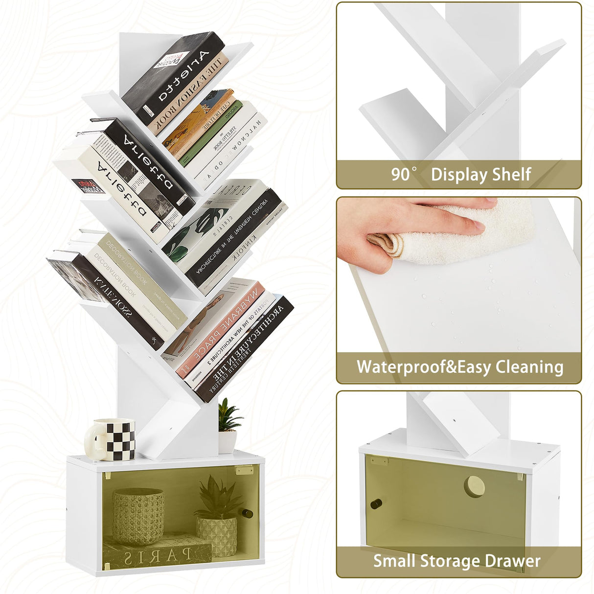 7-Tier Tree Bookshelf with Drawer, Wooden Tree-Shaped Book Display Shelves for CDs/Magazines/Books, FreeStanding Geometric Bookcase Organizers for Home Office, Ivory White