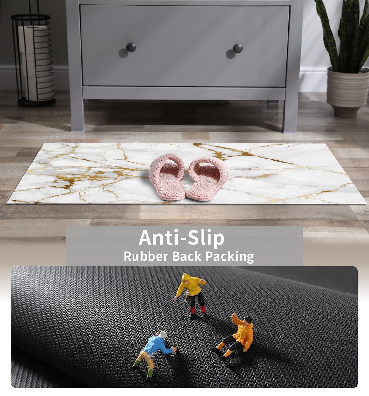 Long Gold White Marble Bath Mat,Non Slip Super Absorbent Quick Drying Bathroom Runner Rug