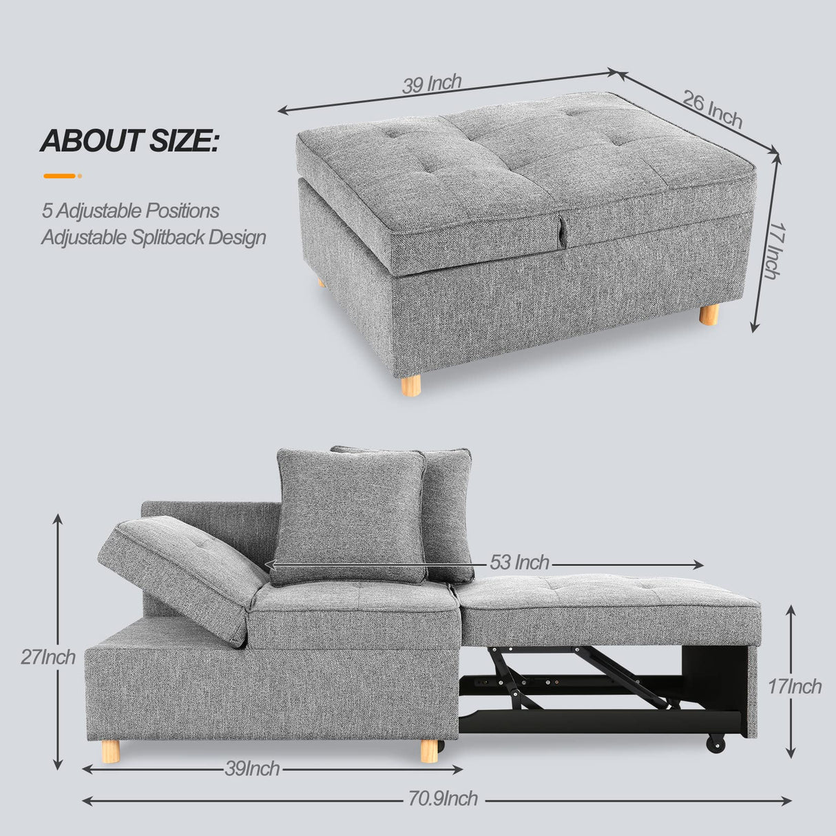 Sofa Bed 4-in-1 Convertible Sofas & Couches, 3-Seat Linen Fabric loveseat Sofa