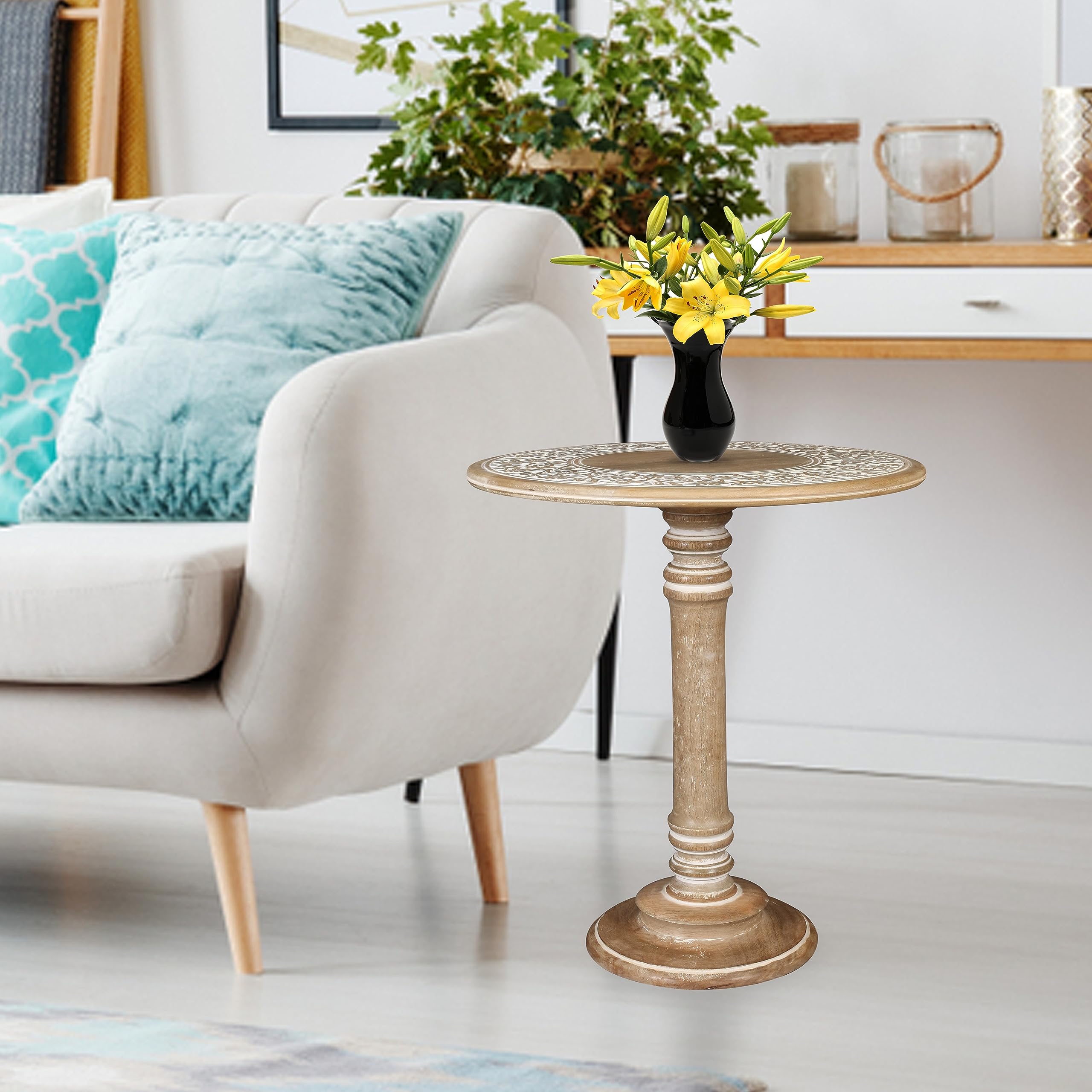 Carved Round End Table with Single Pillar, Unique Accent Piece for Living Room