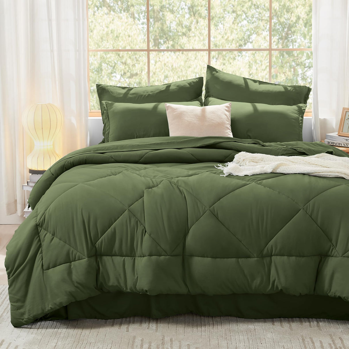King Size Comforter Set with Sheets Olive Green - 7 Pieces Bed in a Bag King