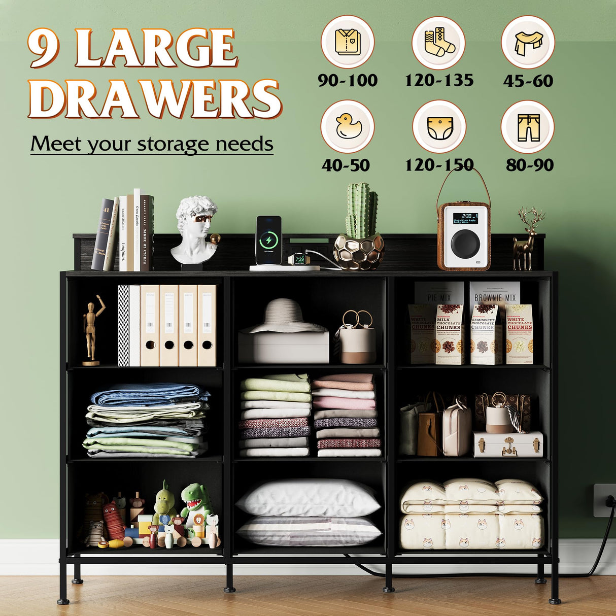 WLIVE Black Dresser TV Stand for 50, 55 inch, Led Dresser for Bedroom, Chest of Drawers with LED Lights, Charging Station, Clothes Storage with 9 Drawers, Wood Top, Living Room, Closet