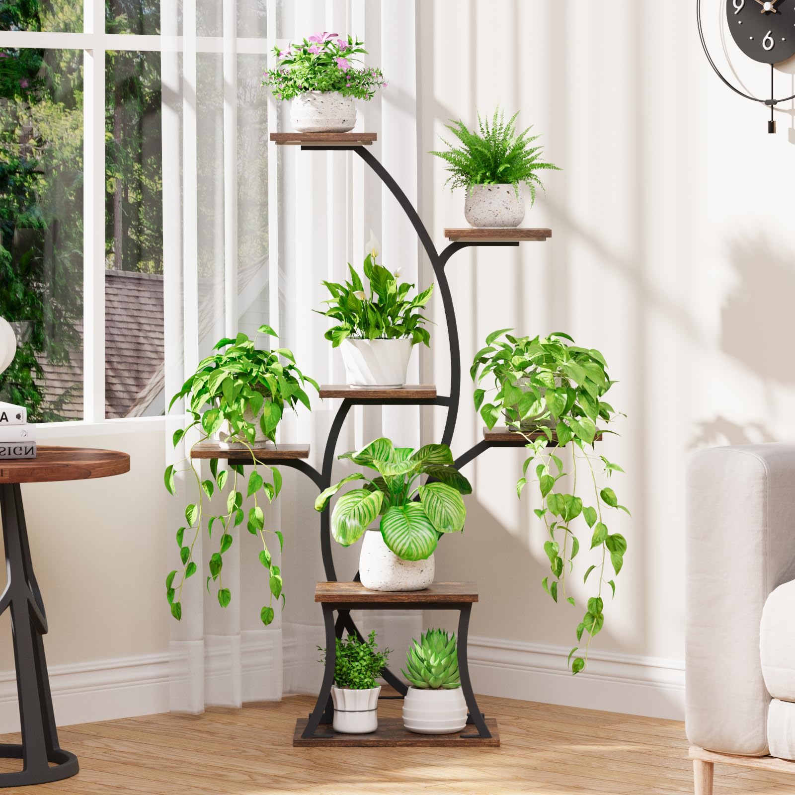 A 7-tier plant stand with grow lights, featuring a black metal frame and brown wooden shelves, with various plants and grow lights visible.