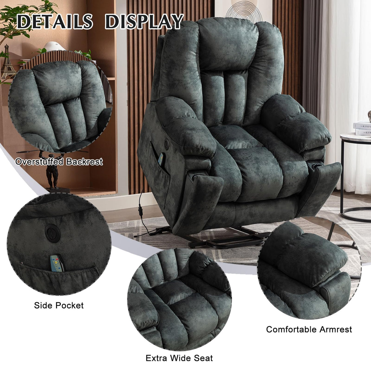 Large Power Lift Recliner Chair with Massage, Heat, and USB for Elderly