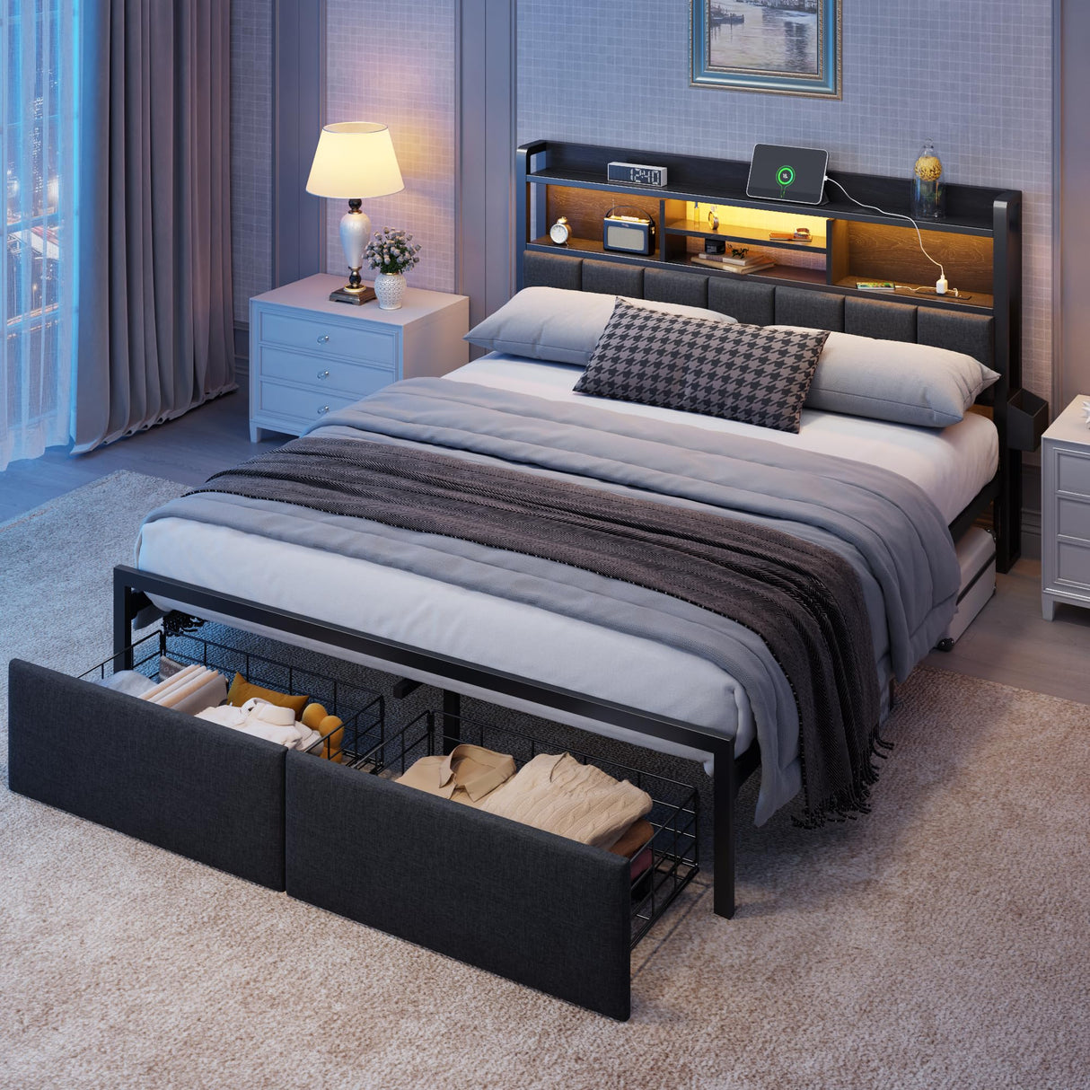 Queen Bed Frame with Storage Drawers and LED Headboard