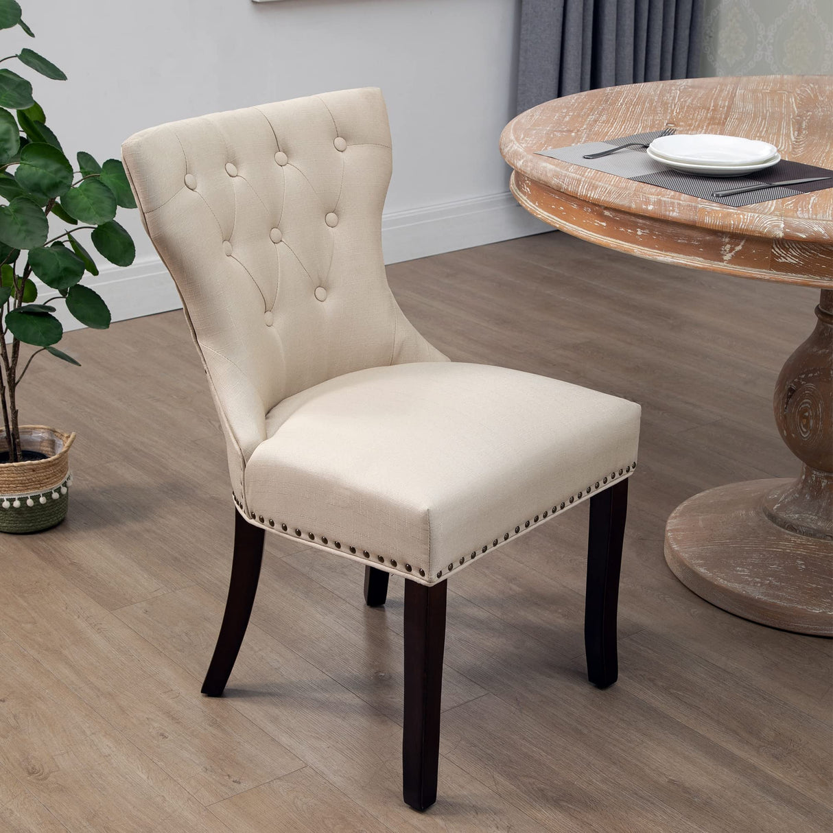 Tufted Fabric Dining Chairs Set of 2 - Upholstered Solid Wood Accent Chairs with Nailhead Trim