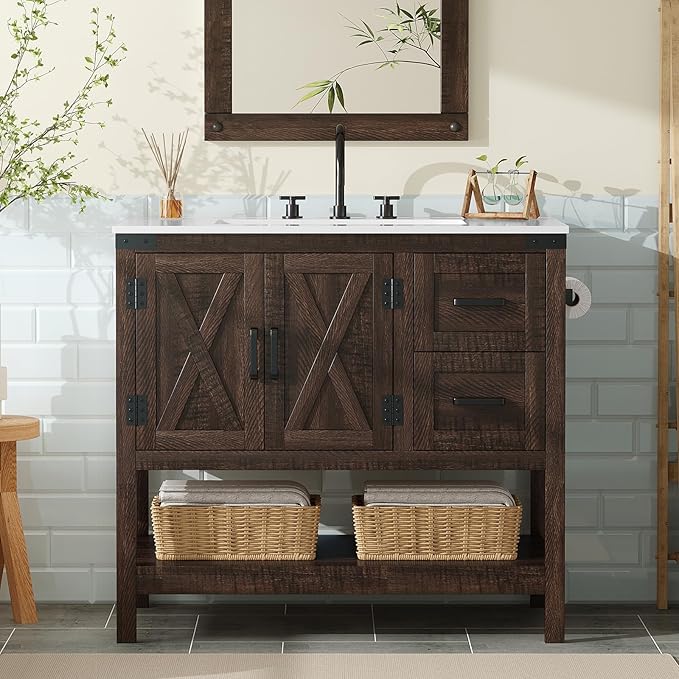 Bathroom Vanity with Sink Combo, Wood Barn Door Freestanding Small Single Bath Storage Cabinet Set