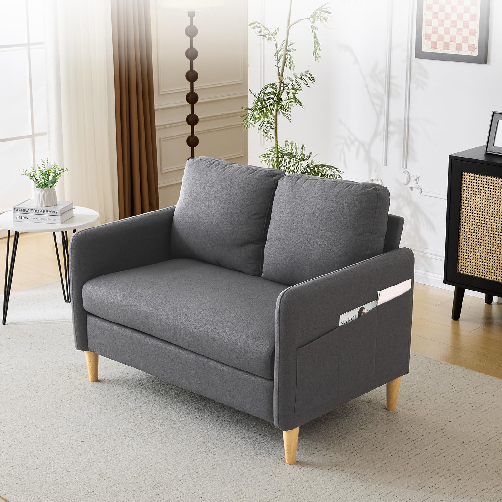 47" Small Couch, Linen Loveseat Sofa Dark Grey Mini Couch Mid Century Modern Decor