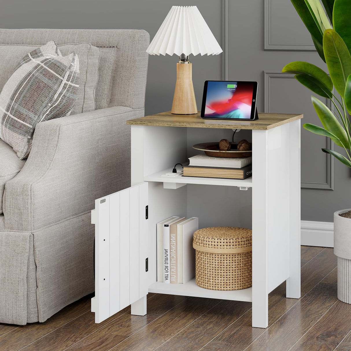 White Nightstand,Large End Table with Charging Station, 15.7''Lx17.7''Wx23.6‘’H