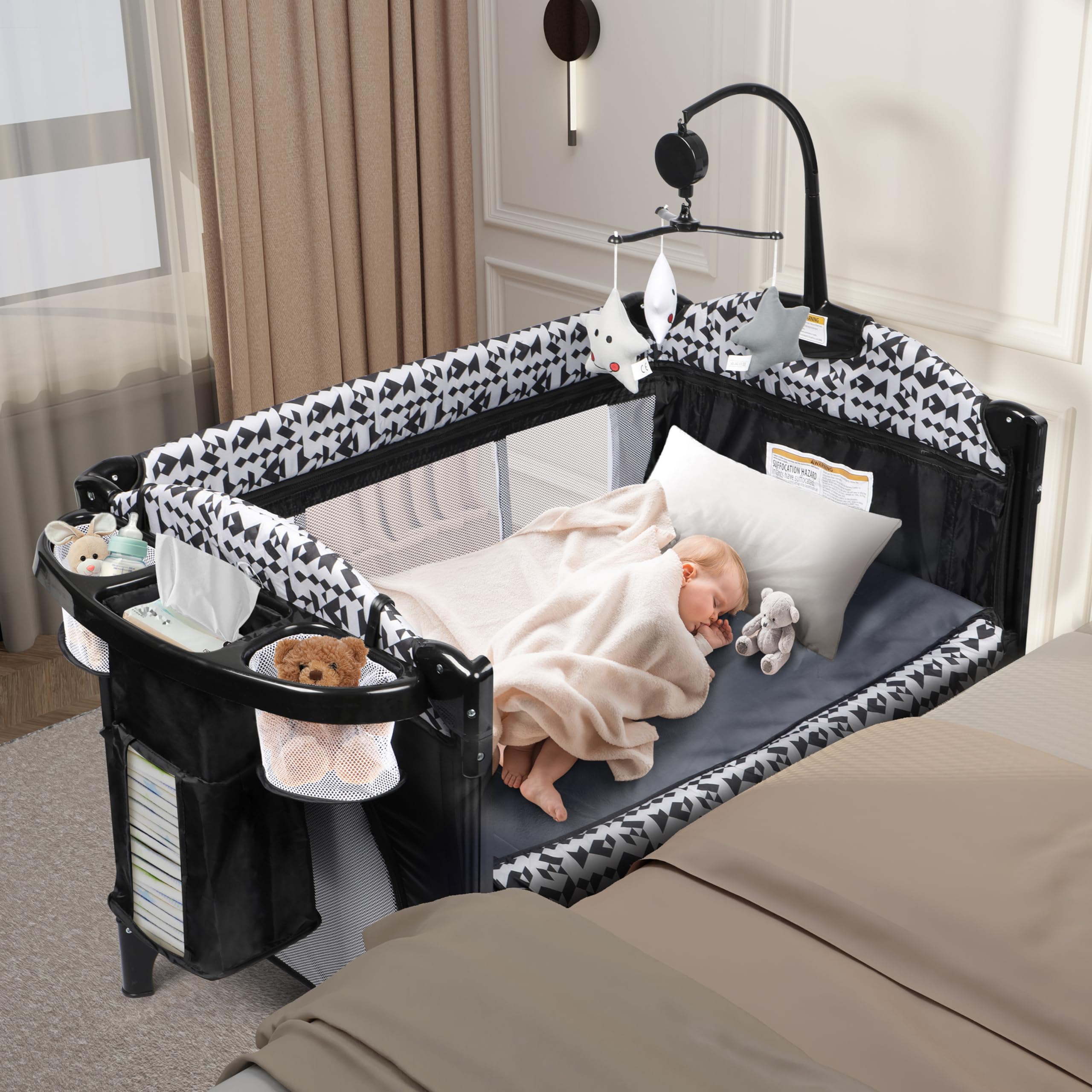 3 in 1 Baby Bassinet Bedside Sleeper with Mattress and Wheels, 5 Height Adjustable Bed