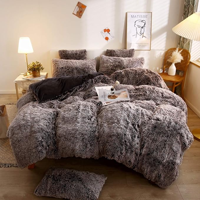 Plush Shaggy Duvet Cover Set, Luxury Ultra Soft Crystal Velvet Fluffy Bedding Sets 3 Pieces