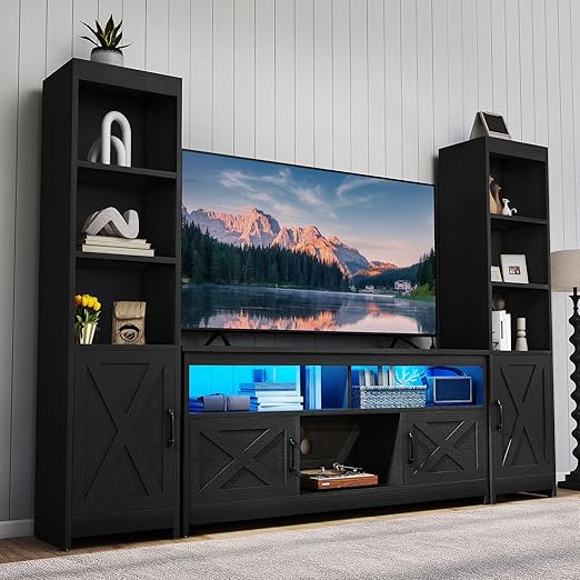 Farmhouse TV Stand for 65" TVs with LED Lights & Storage