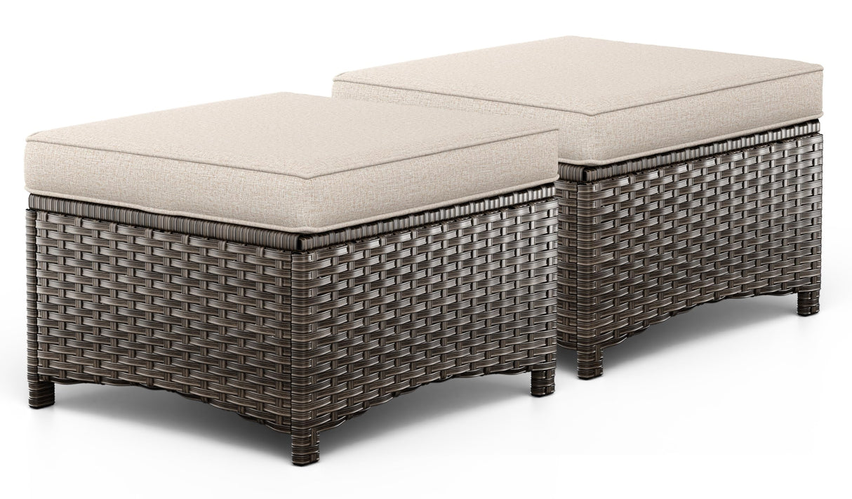 2 Pieces Patio Ottomans, Outdoor Wicker Footrest Seat with Removable Cushions