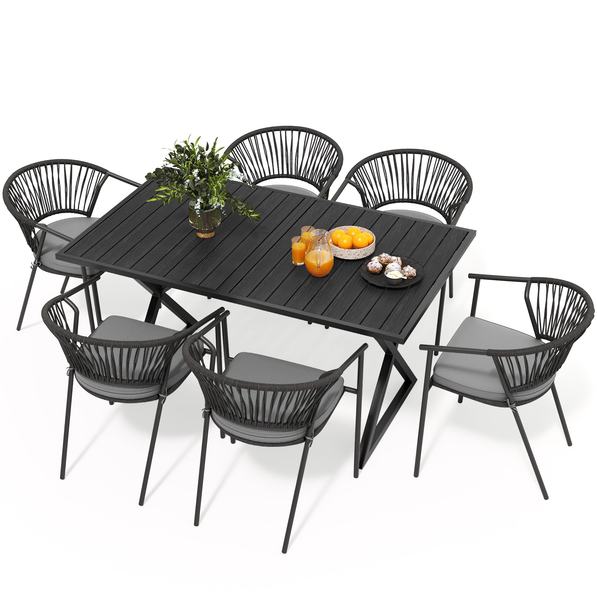 7 Piece Patio Dining Set, Stackable Chairs with Comfortable Cushions, 59" Rectangle