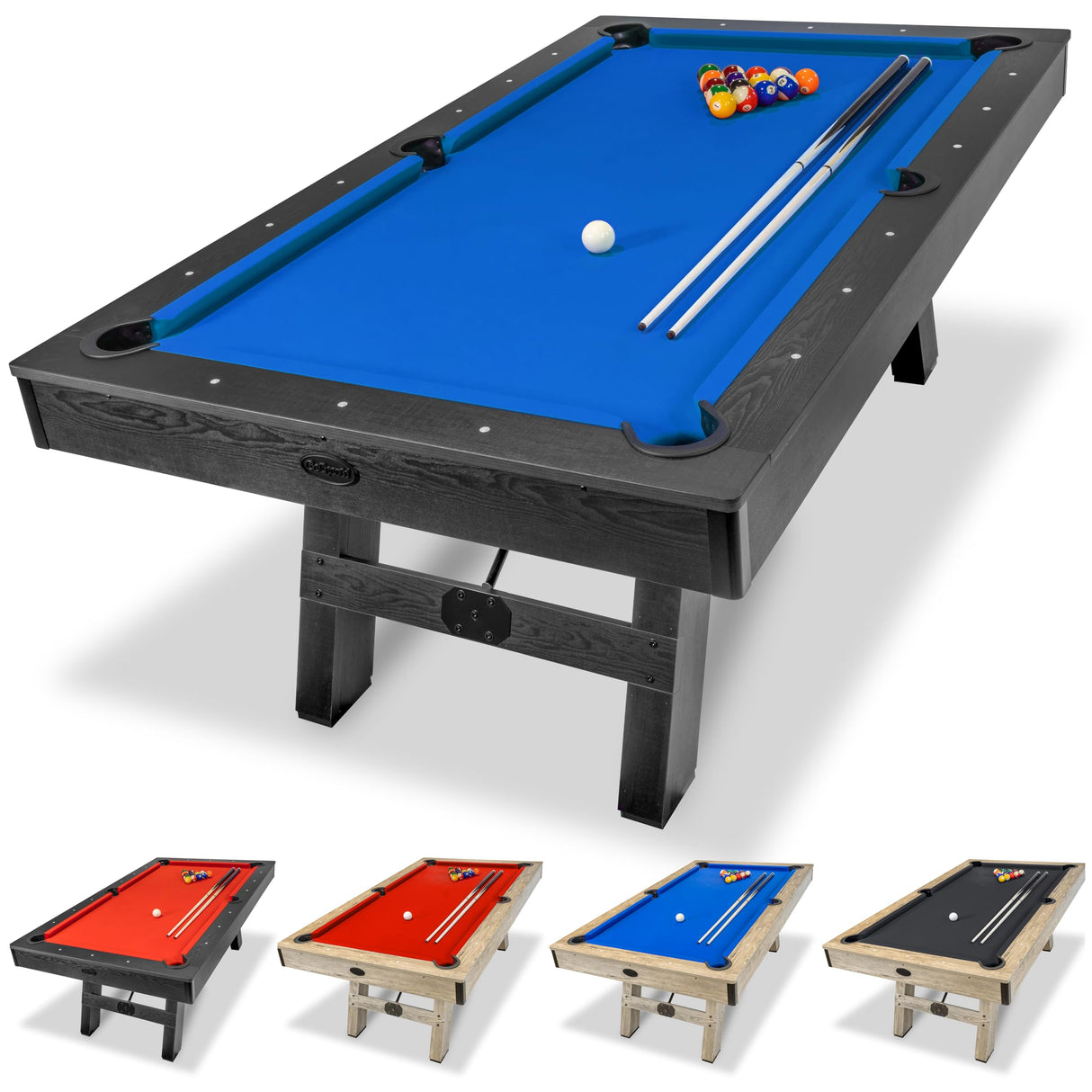 7 ft Pool Table with Wood Finish - Modern Billiards Table with 2 Cue Sticks, Balls, Rack