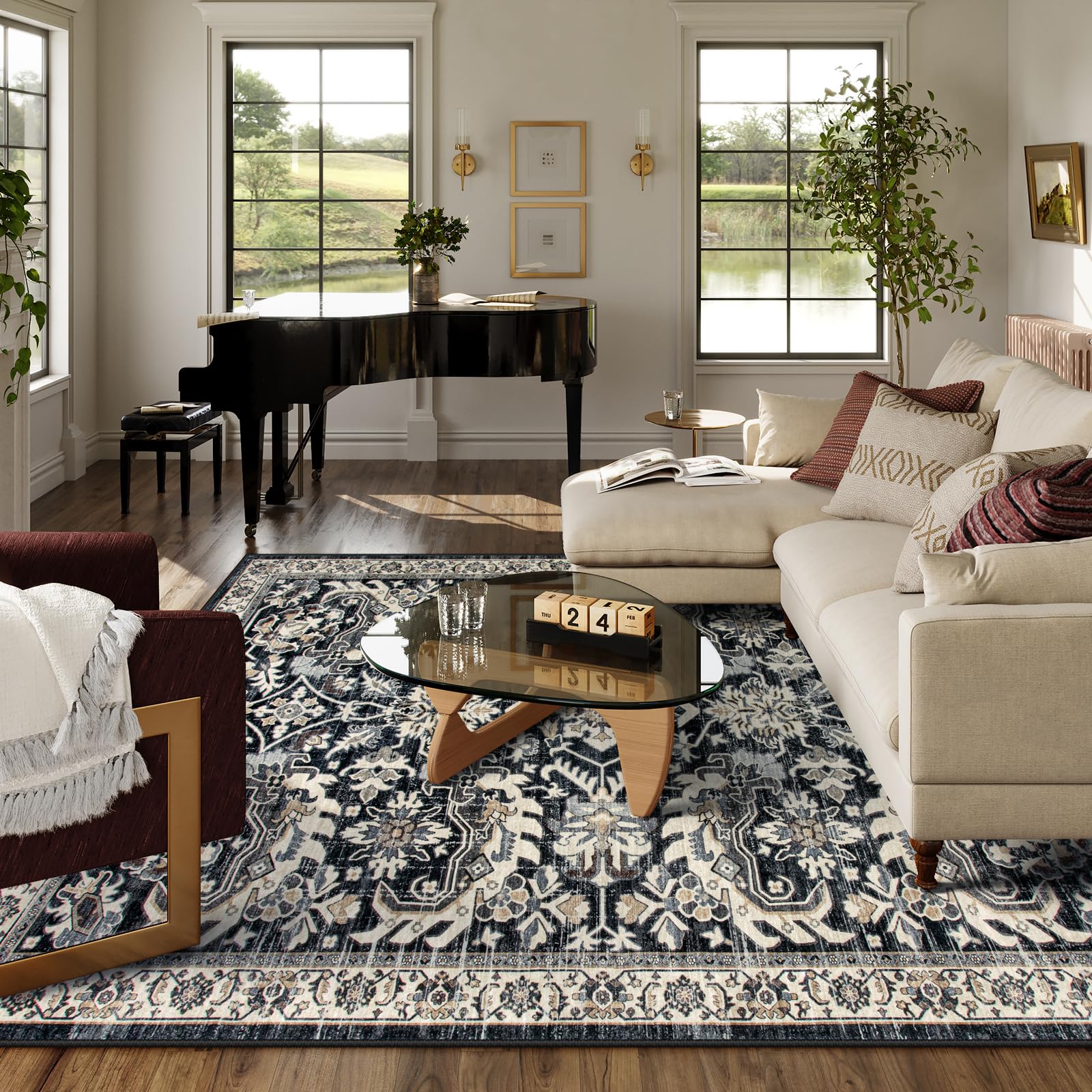 Black Living Room Rugs 8x10, Vintage Washable Grey Rug for Bedroom Dining Room,