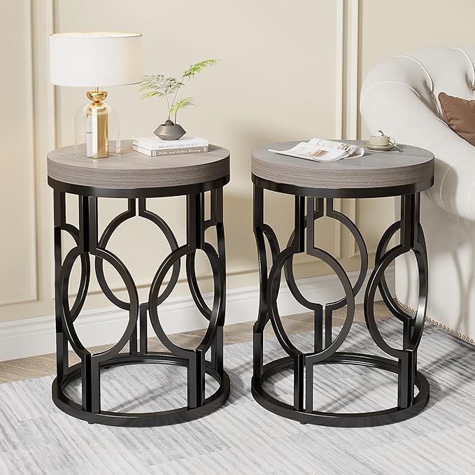 Round End Table, Industrial SideTable with Metal Hollow Frame