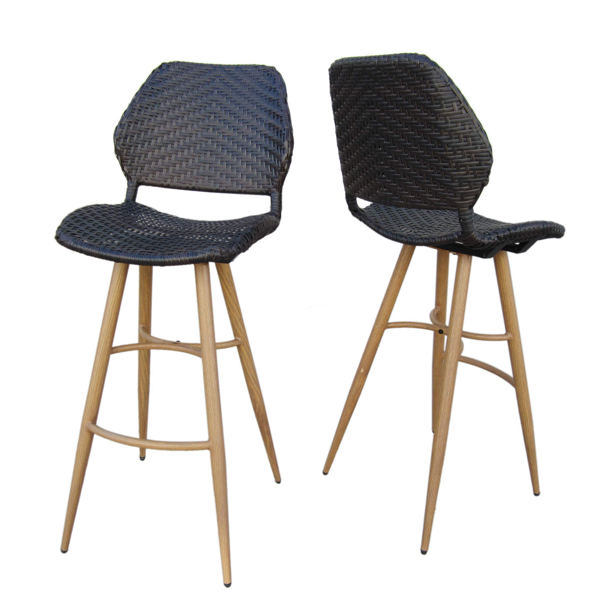 Laryn Outdoor Wicker Barstools with Wood Finish Metal Legs