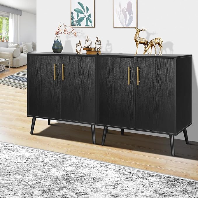 Sideboard Buffet Cabinet with Storage - 3 Doors Black Storage Cabinet with Drawers