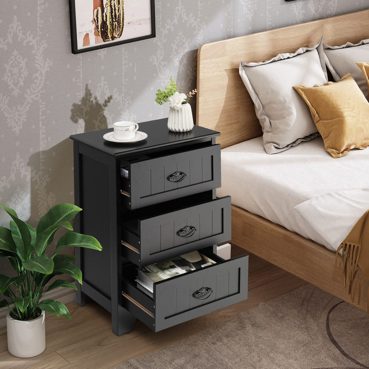 Nightstand with 3 Drawers, Set of 2 Bedside Table with Exquisite Metal Handles