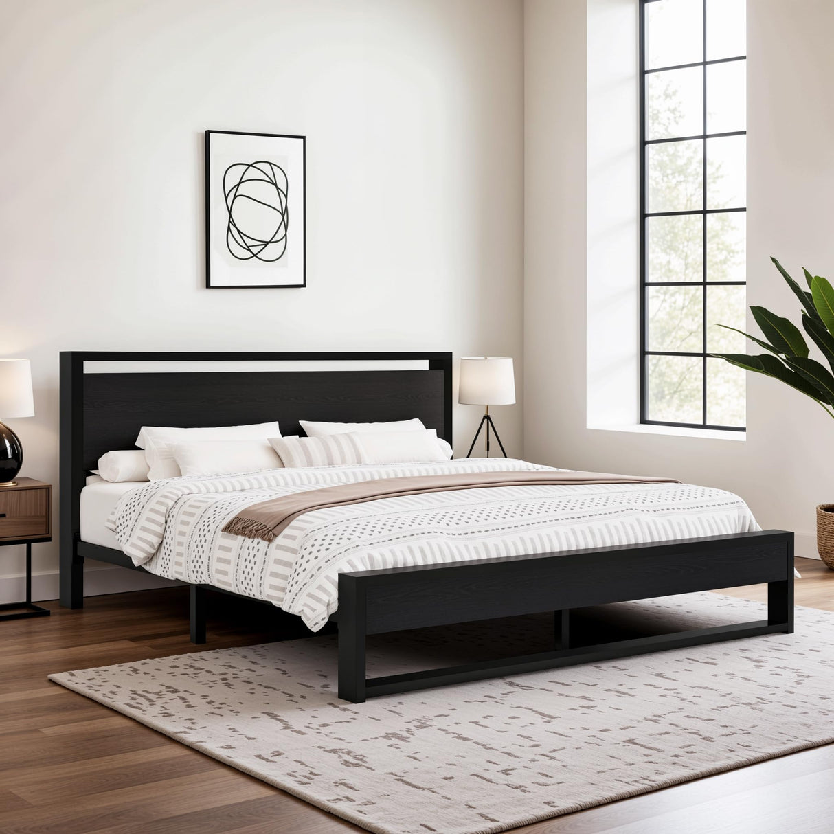 Sturdy Metal and Wooden Bed Frame with Headboard and Footboard